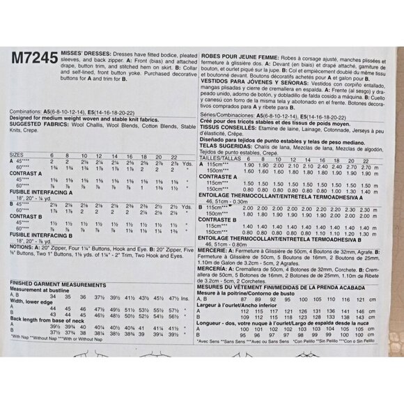 Vintage McCall's M7245 Sewing Pattern Misses Dress Pleated Sleeves Fitted Bodice - Picture 3 of 4